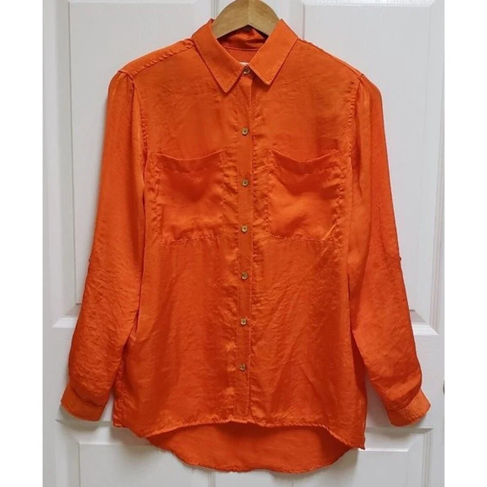 Michael Kors Button Up Roll Tab Slv Top Women Sz S Orange Crinkle Pockets Preppy